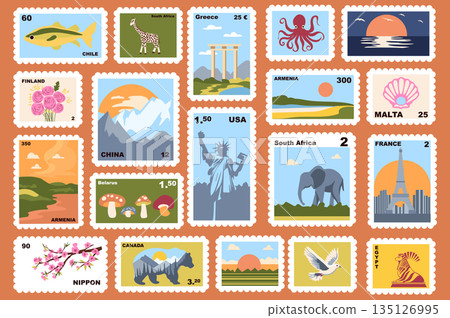 Post stamps set elements in flat graphic design. Collection of cute retro postal mail stickers from travel with different city and country, landscapes, architecture and other. Vector illustration. 135126995