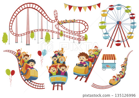 Roller coaster set elements in flat graphic design. Collection of amusement park and funfair carousels, happy children ride at train attraction, ferris wheel at fairground, other. Vector illustration. 135126996
