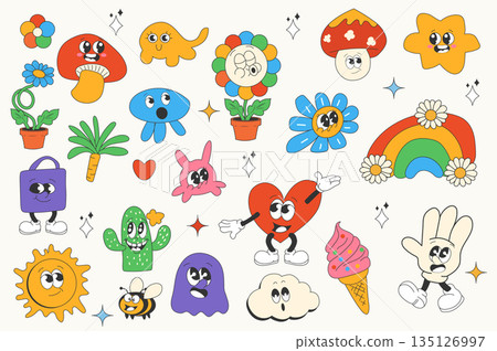 Vintage groovy set elements in flat graphic design. Collection of funny mushroom, daisy, ghost, heart, rainbow, cactus, gesturing hand, cloud, other walking and singing mascots. Vector illustration. 135126997