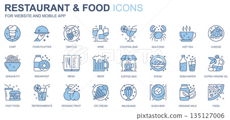 Restaurant and food web icons set in duotone line design. Pack of chef, platter, grapes, wine, cocktail bar, seafood, tea, cheese, spaghetti, menu, other outline stroke pictograms. Vector illustration 135127006