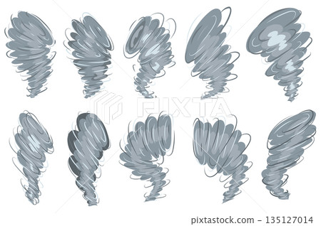 Tornado set elements in flat graphic design. Collection of hurricane air and whirlwinds, grey twisters, destruction whirlpool, thunderstorm cyclone vortex, bad weather symbols. Vector illustration. 135127014