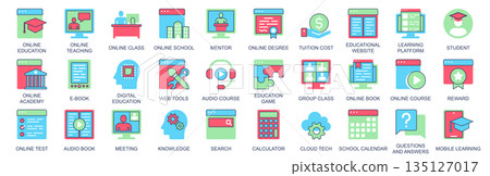Online education icon set in flat color icons web design. Pack pictograms with teaching, class, school, mentor, tuition, cost, learning, platform, student, academy, e-book, other. Vector illustration. 135127017
