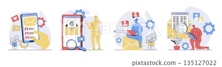 Email service concept set in flat design for web. Collection with people sending emails at phone app or laptop, receiving subscription notifications and online messages inbox. Vector illustrations. 135127022