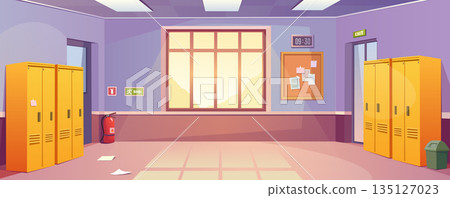 School corridor background for banner design. Empty hallway room interior with closed lockers rows, doors, big window, fire extinguisher, board with notices, clock at wall. Vector cartoon illustration School corridor background for banner design. Empty hallway room interior with closed lockers rows, doors, big window, fire extinguisher, board with notices, clock at wall. Vector cartoon illustration 135127023