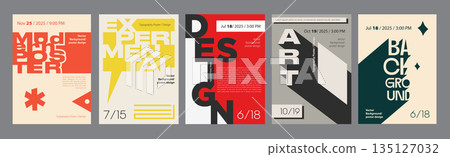 Abstract cover typography template. Posters layouts with bright decorative vintage compositions with high contrast and dynamic bold text. Modern banners set in retro design. Vector illustration. 135127032