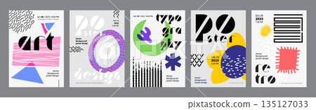 Abstract cover typography template. Posters layouts with bright colors, collage of artistic vibrant dynamic shapes and geometric forms. Social media banners set in retro design. Vector illustration. 135127033