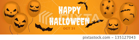 Happy Halloween banner design. Party invitation orange template with creepy flying balloons with evil smiles and skull face expression, spooky spiders print and flying black bats. Vector illustration. 135127043