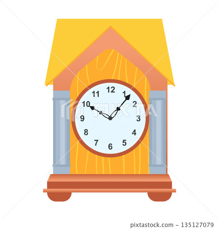House clock in flat design. Vintage mechanical clock with dial and hands. Vector illustration isolated. 135127079