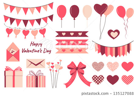 Valentine day set elements in flat graphic design. Collection of red and pink flag garlands, ribbons, balloons, love letter envelopes, bows, gift boxes, romantic prints, other. Vector illustration. Valentine day set elements in flat graphic design. Collection of red and pink flag garlands, ribbons, balloons, love letter envelopes, bows, gift boxes, romantic prints, other. Vector illustration. 135127088