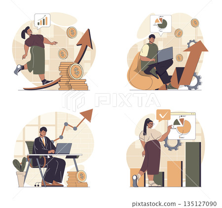 Business growth concept scenes set in flat web design. People in situations of developing project and getting arrow up graph, making data analysis with financial rise statistic. Vector illustrations. 135127090