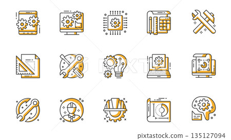 Engineering icons set in outline stroke design for web. Pack line pictograms with application settings, optimization, computer, circuit board, microchip, tools, blueprint, other. Vector illustration. 135127094