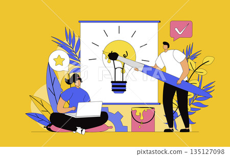 Creative agency concept with modern flat design for web. Team generates new ideas and brainstorming, developing advertising campaign for business, drawing digital art in studio. Vector illustration. 135127098