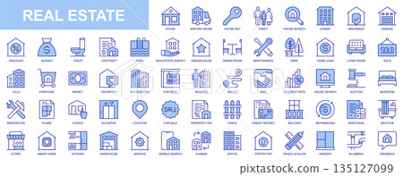 Real estate web icons set in duotone outline stroke design. Pack pictograms with house, moving, key, condo, insurance, garage, budget, pool, agent, rooms, maintenance, loan, rent. Vector illustration. 135127099