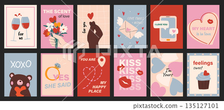 Valentine day typography template posters. Covers with love, hearts, bouquet, kiss, proposal ring, flirty message, cupcake, other. Social media banners set in retro 90s design. Vector illustration. 135127101