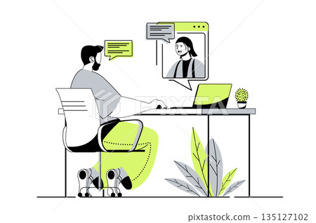 Video chatting web concept with flat cartoon people for website design. Man talking to woman by video call at laptop program, communicating at virtual meeting or zoom conference. Vector illustration. 135127102