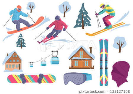 Ski resort equipment set in flat graphic design. Collection elements of skis, snowboard, cable car, glasses mask, village houses, forest trees, extreme sports characters, other. Vector illustration. 135127108