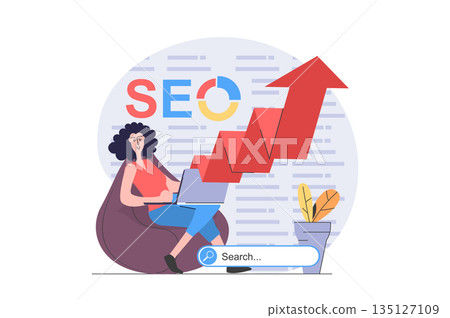 SEO optimization concept in modern flat design for web. Woman analyzing search data in arrow growth graph, making settings and improving page traffic for top ranking in search. Vector illustration. SEO optimization concept in modern flat design for web. Woman analyzing search data in arrow growth graph, making settings and improving page traffic for top ranking in search. Vector illustration. 135127109