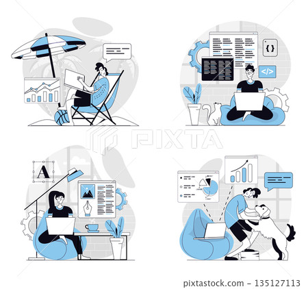 Freelance working concept set in flat design for web. Collection with people working remotely from home offices or sea beach, doing online data analysis, programing or design. Vector illustrations. Freelance working concept set in flat design for web. Collection with people working remotely from home offices or sea beach, doing online data analysis, programing or design. Vector illustrations. 135127113