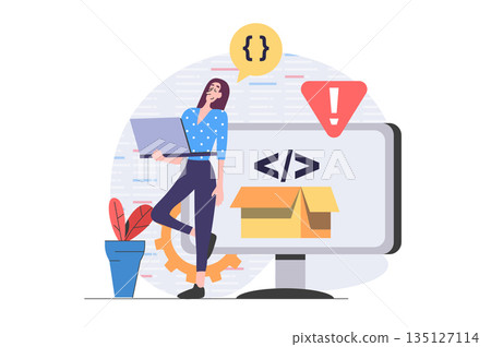 Development and programming concept in modern flat design for web. Woman developer creating software product at laptop, testing program accessibility and making optimization. Vector illustration. Development and programming concept in modern flat design for web. Woman developer creating software product at laptop, testing program accessibility and making optimization. Vector illustration. 135127114