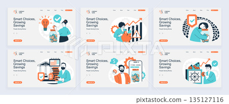 People saving money concept of landing page with slide templates set in flat design. Website headers with people planning budget, managing personal finance and doing deposits. Vector illustrations. People saving money concept of landing page with slide templates set in flat design. Website headers with people planning budget, managing personal finance and doing deposits. Vector illustrations. 135127116