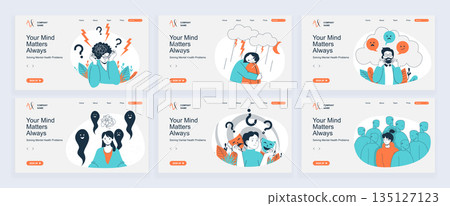Mental health problem concept of landing page with slide templates set in flat design. Website headers with people feeling negative emotions, crying, stress and nervous illness. Vector illustrations. Mental health problem concept of landing page with slide templates set in flat design. Website headers with people feeling negative emotions, crying, stress and nervous illness. Vector illustrations. 135127123