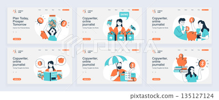 Financial literacy concept of landing page with slide templates set in flat design. Website headers with people saving money, managing and control personal finance, invest money. Vector illustrations. Financial literacy concept of landing page with slide templates set in flat design. Website headers with people saving money, managing and control personal finance, invest money. Vector illustrations. 135127124