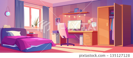 Girl bedroom interior background for banner design. Empty teenage room with bed, computer on table and chair, garland and pictures, bookshelf, wardrobe cabinet, window. Vector cartoon illustration Girl bedroom interior background for banner design. Empty teenage room with bed, computer on table and chair, garland and pictures, bookshelf, wardrobe cabinet, window. Vector cartoon illustration 135127128