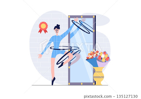 Hobby concept in modern flat design for web. Woman exercising with plastic hoops by mirror, doing gymnastics training in class, preparing to competition for getting winner medal. Vector illustration. 135127130
