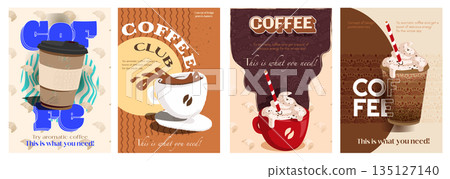 Coffee cover typography template for advertising design. Food posters and greeting cards with hot cappuccino or espresso in paper cups and mugs, fresh caffeine drink with cream. Vector illustration. Coffee cover typography template for advertising design. Food posters and greeting cards with hot cappuccino or espresso in paper cups and mugs, fresh caffeine drink with cream. Vector illustration. 135127140