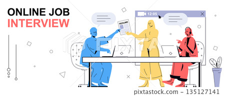 Online job interview concept in flat cartoon design for web banner. People searching new employee, selecting cv, interviewing candidates by video call and by meeting in office. Vector illustration. 135127141