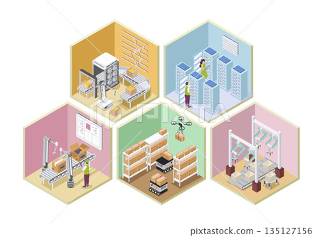 Automated industry 3d isometric rooms concept in isometry graphic design for web. People working in conveyor lines with robotic arms on packing boxes, controlling at server racks. Vector illustration. 135127156
