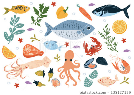 Seafood set in flat graphic design. Collection elements of tuna, sardine, anchovy, herring and other fishes, shrimp, oyster, shell, octopus, crab, crab, lobster, sea food market. Vector illustration. Seafood set in flat graphic design. Collection elements of tuna, sardine, anchovy, herring and other fishes, shrimp, oyster, shell, octopus, crab, crab, lobster, sea food market. Vector illustration. 135127159