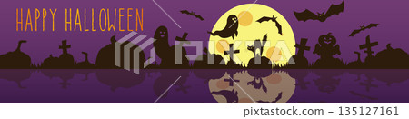 Happy Halloween banner design. Party invitation purple template with cemetery night silhouette, flying spooky ghosts and bats, pumpkins, tombstone crosses, huge moon, black cat. Vector illustration. Happy Halloween banner design. Party invitation purple template with cemetery night silhouette, flying spooky ghosts and bats, pumpkins, tombstone crosses, huge moon, black cat. Vector illustration. 135127161