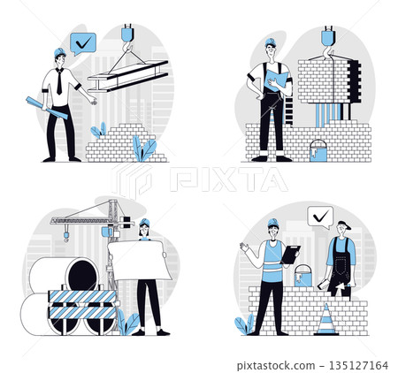 Construction engineer concept set in flat design for web. Collection with people working at building site, making brickwork and house construct, looking at architect blueprints. Vector illustrations. Construction engineer concept set in flat design for web. Collection with people working at building site, making brickwork and house construct, looking at architect blueprints. Vector illustrations. 135127164