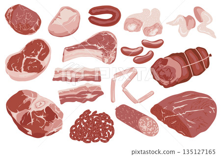 Butchery food set elements in flat graphic design. Collection of raw slices of beef, lamb, pork, steak, chicken legs and wings, sausages, salami, bacon and other meat products. Vector illustration. Butchery food set elements in flat graphic design. Collection of raw slices of beef, lamb, pork, steak, chicken legs and wings, sausages, salami, bacon and other meat products. Vector illustration. 135127165