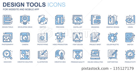 Design tools web icons set in duotone line design. Pack of idea, precision, digital art, branding, vision, photography, camera, prototyping, video, other outline stroke pictograms. Vector illustration 135127179