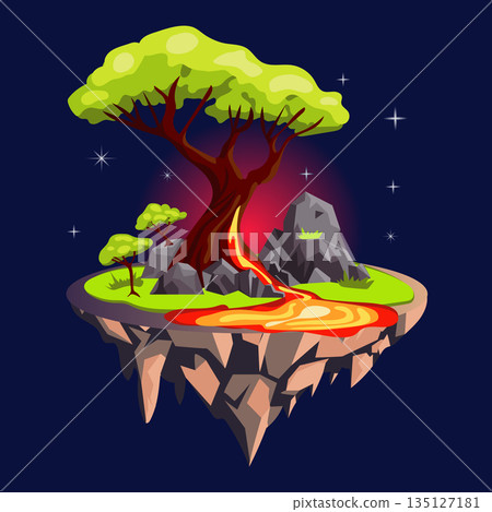Gaming fantasy island in flat design. Platform with forest tree and lava river. Vector illustration isolated. 135127181