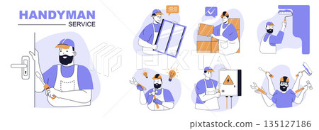 Handyman service concept set in flat web design. People in isolated scenes doing house repair, installing windows, builder bricklaying and painting walls, electrician fixing. Vector illustrations. 135127186
