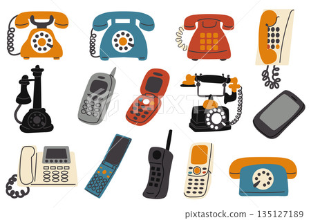 Retro phones set in flat graphic design. Collection isolated elements with antique and vintage telephones with dials, cords, mobile models with buttons and radio antennae, other. Vector illustration. 135127189