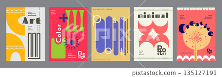 Abstract cover typography template. Posters layouts with bold forms and contrast minimalist compositions with simple shapes, forms, dandelion. Modern banners set in retro design. Vector illustration. 135127191