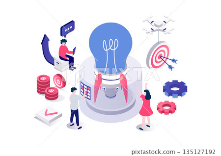 Startup 3d isometric concept in geometry graphic design for web. People brainstorming, generating business ideas, using innovation and launching project, targeting, cooperating. Vector illustration. 135127192