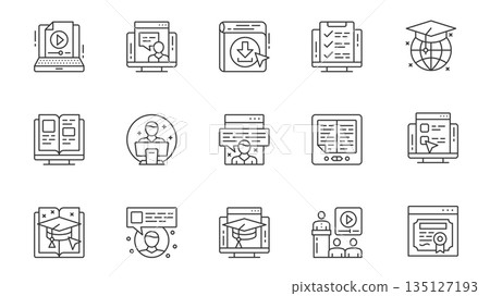 Learning icons set in outline stroke design for web. Pack line pictograms with online lesson, video at laptop, test, schedule, graduation, ebook, teacher, school chat and other. Vector illustration. 135127193