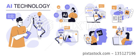 AI technology concept set in flat web design. People in isolated scenes using artificial intelligence chatbot, virtual assistant helping, image generation, smart data analysis. Vector illustrations. AI technology concept set in flat web design. People in isolated scenes using artificial intelligence chatbot, virtual assistant helping, image generation, smart data analysis. Vector illustrations. 135127196
