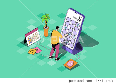 Mobile organizer web concept in 3d isometric graphic design. Isometry people scene with woman planning daily routines in digital calendar, managing work time and productivity. Vector illustration. 135127205