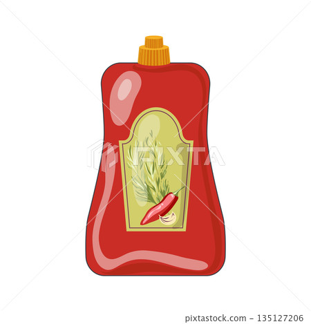 Hot sauce in bottle in flat design. Red condiment with pepper, garlic, herbs. Vector illustration isolated. 135127206