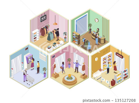 Shopping mall 3d isometric rooms concept in isometry graphic design for web. People buying clothes in stores or food in grocery, getting cash in atm, walking at sales areas. Vector illustration. Shopping mall 3d isometric rooms concept in isometry graphic design for web. People buying clothes in stores or food in grocery, getting cash in atm, walking at sales areas. Vector illustration. 135127208