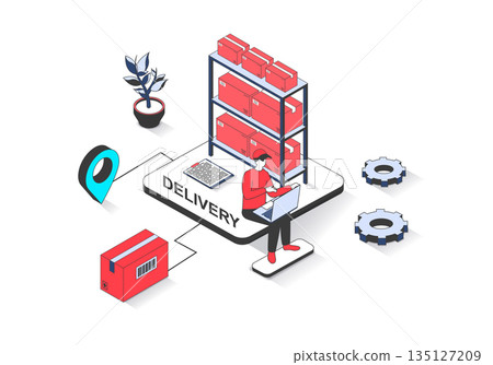 Delivery 3d isometric concept with isometry people design for web. Man working at warehouse, managing logistic company with courier shipping and sending parcel boxes to client. Vector illustration. Delivery 3d isometric concept with isometry people design for web. Man working at warehouse, managing logistic company with courier shipping and sending parcel boxes to client. Vector illustration. 135127209