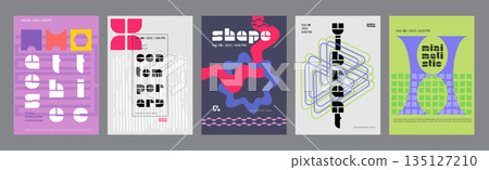 Abstract cover typography template. Posters layouts with creative bold titles, bright compositions with line grids, triangles, shapes. Social media banners set in retro design. Vector illustration. Abstract cover typography template. Posters layouts with creative bold titles, bright compositions with line grids, triangles, shapes. Social media banners set in retro design. Vector illustration. 135127210