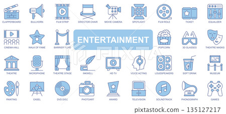 Entertainment icons set in duotone outline stroke design for web. Pack pictograms of clapperboard, bullhorn, film strip, director chair, movie camera, painting, photo art, other. Vector illustration. 135127217