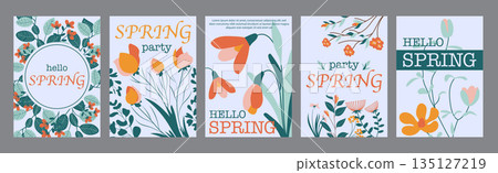 Spring flowers typography template posters. Vertical covers with beautiful colourful blossoms, snowdrops and tulips, wildflowers bouquet. Modern banners set in minimalism design. Vector illustration. Spring flowers typography template posters. Vertical covers with beautiful colourful blossoms, snowdrops and tulips, wildflowers bouquet. Modern banners set in minimalism design. Vector illustration. 135127219